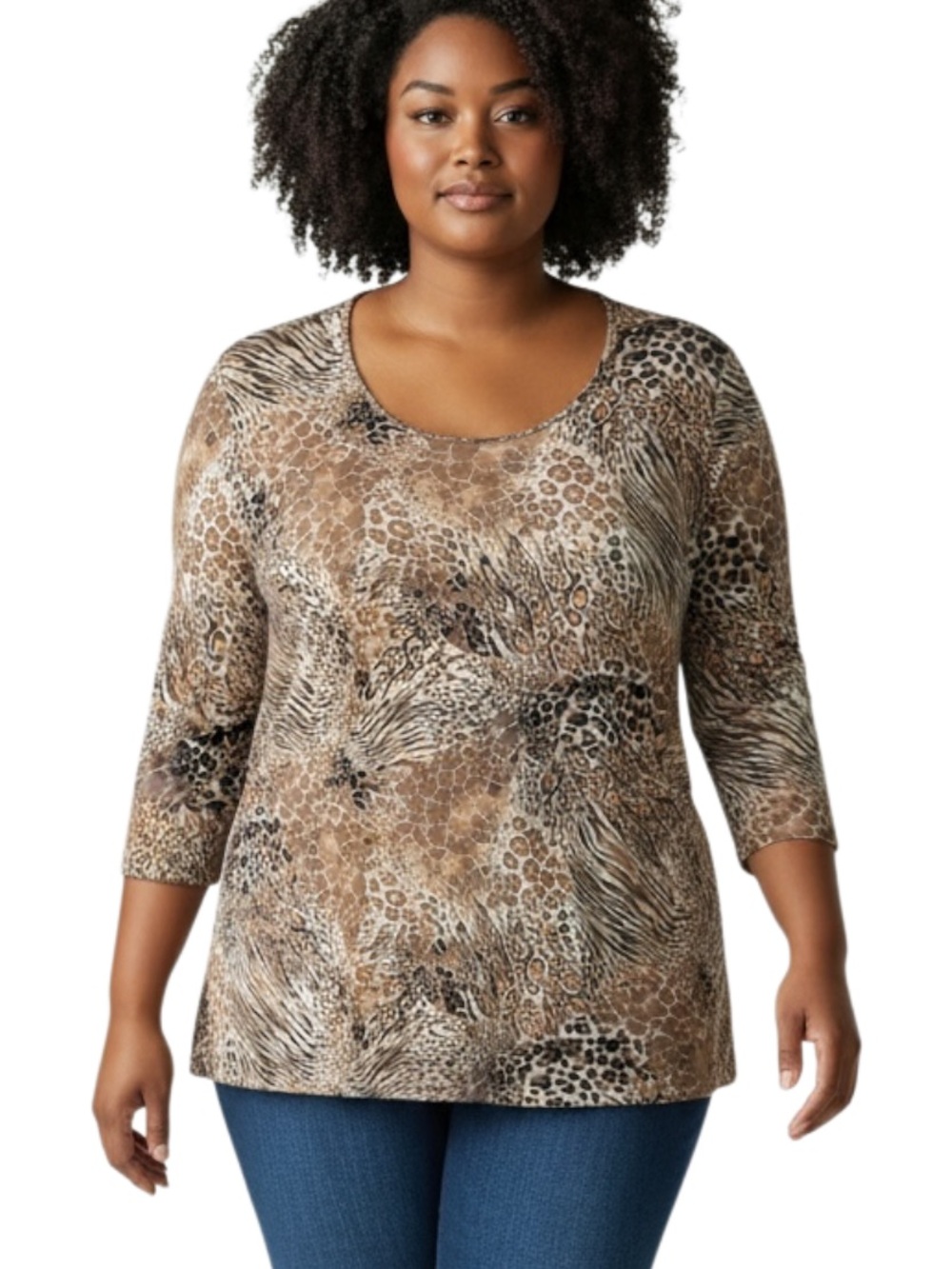Chico’s 2 Brown Animal-Print 3/4 Sleeve Scoop Neck Top